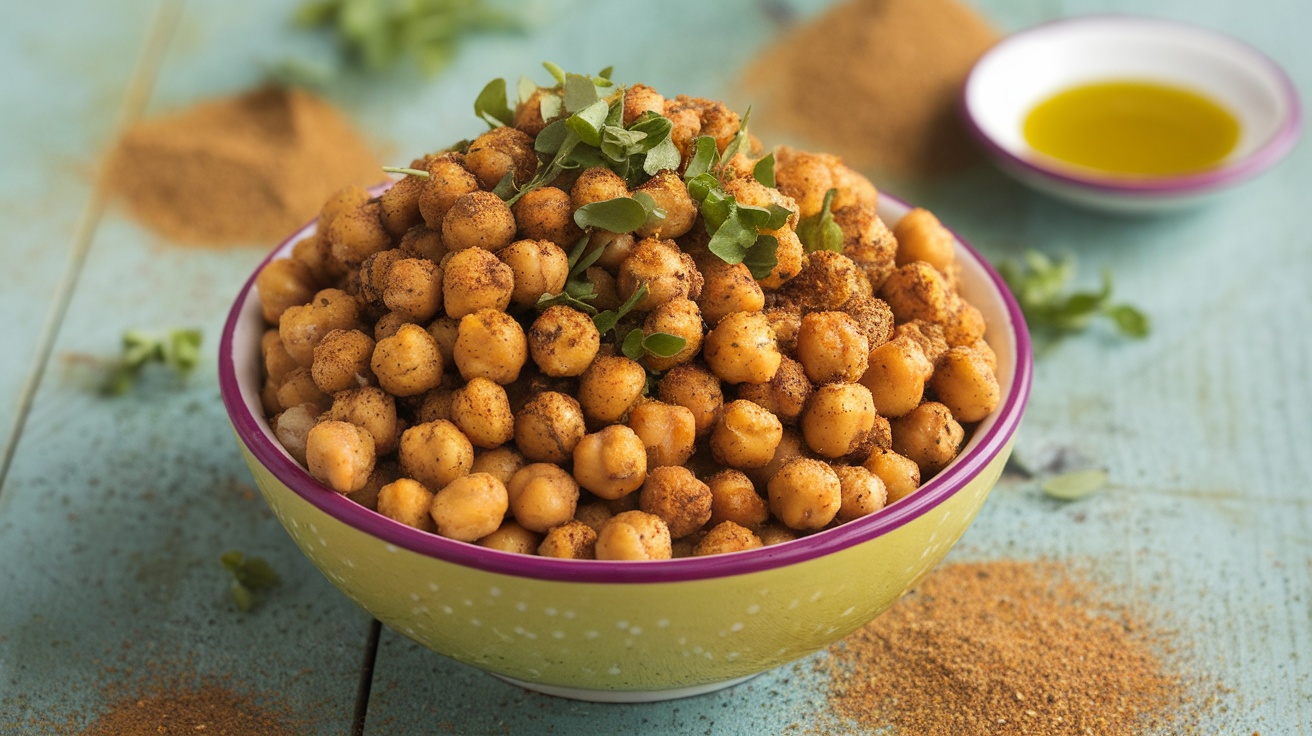 A bowl of crispy za’atar roasted chickpeas on a wooden table, garnished with herbs and a dish of olive oil.