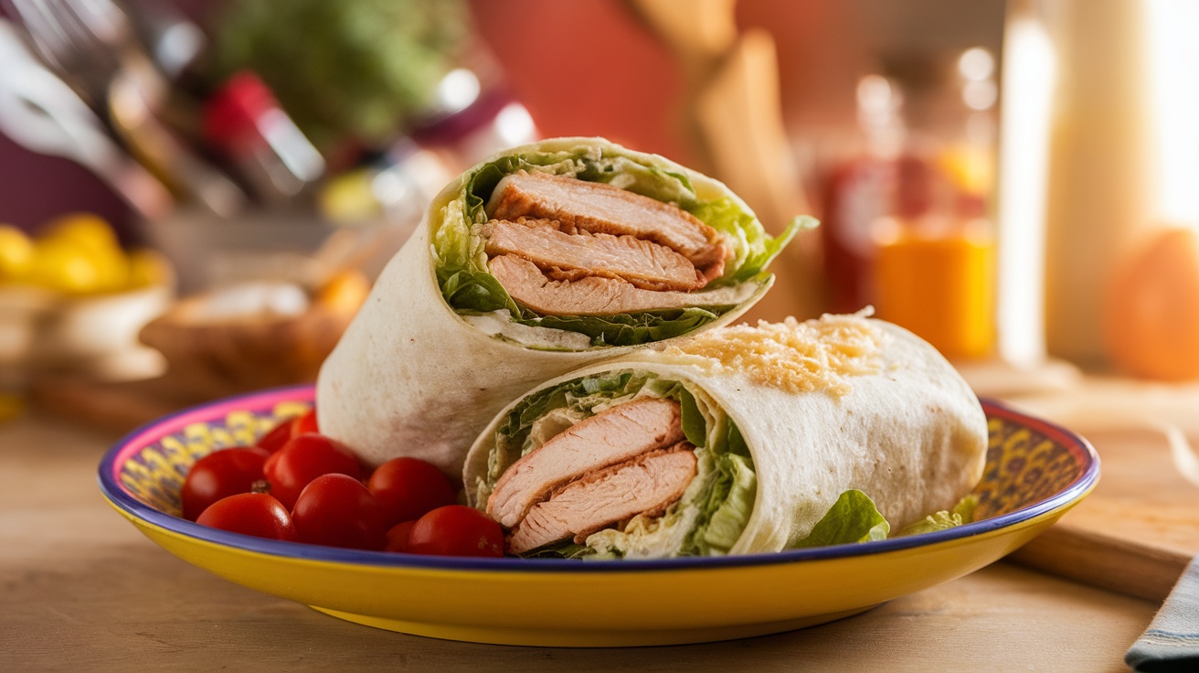 Gluten-free Grilled Chicken Caesar Salad Wraps sliced in half, revealing chicken and romaine, served with cherry tomatoes.