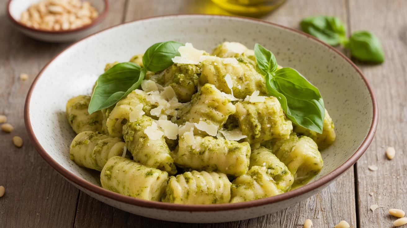 Gluten-free gnocchi with pesto sauce, garnished with basil and Parmesan, on a rustic table.