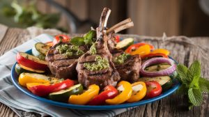 Grilled Lamb Chops with Mint Sauce and Roasted Vegetables