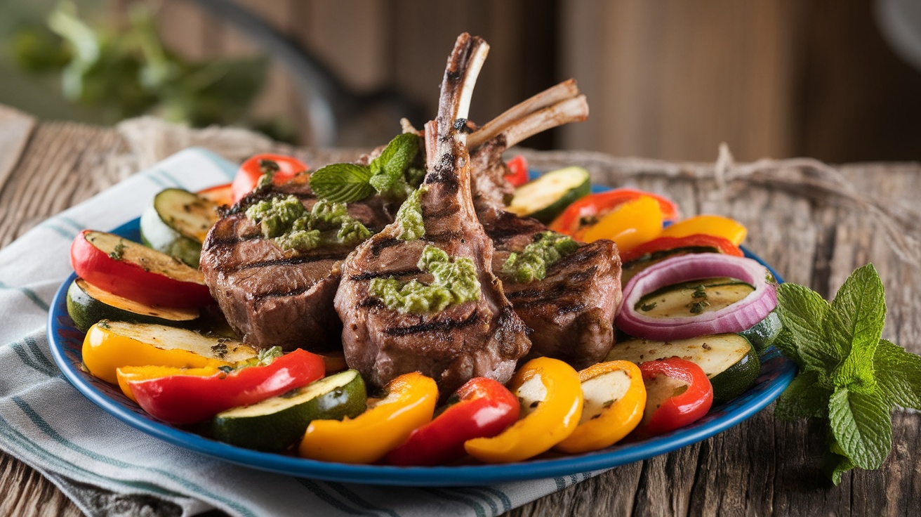 Grilled lamb chops with mint sauce and roasted vegetables on a rustic wooden table.