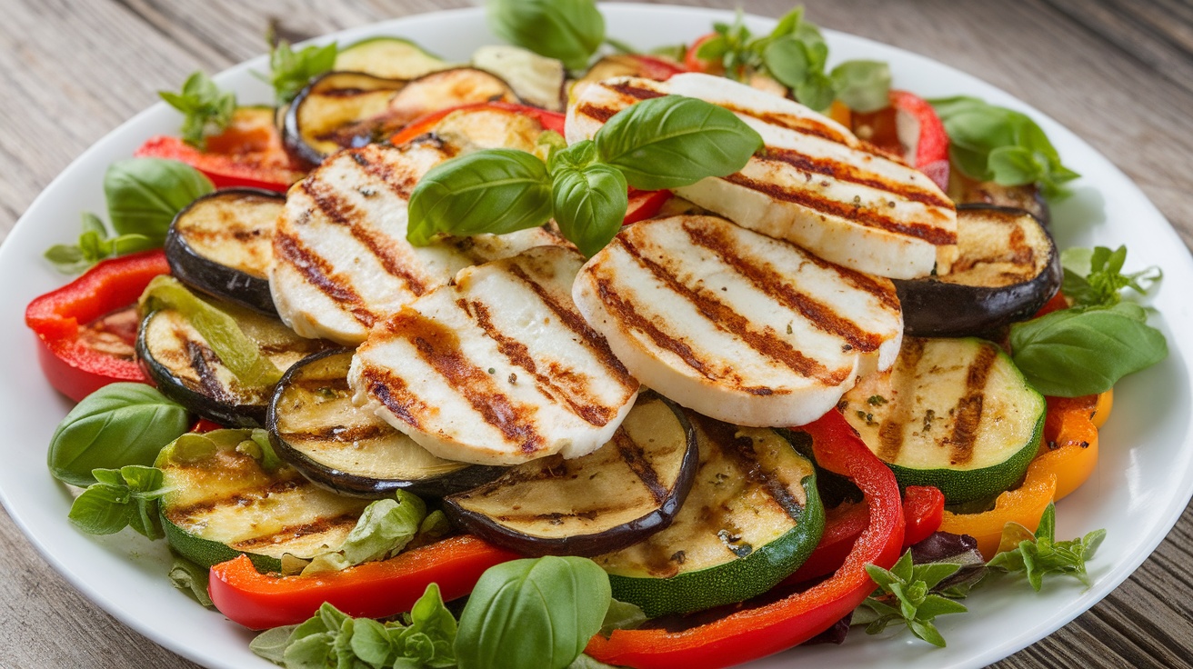 Grilled Vegetable and Halloumi Salad with zucchini, bell peppers, eggplant on a white plate, garnished with basil.