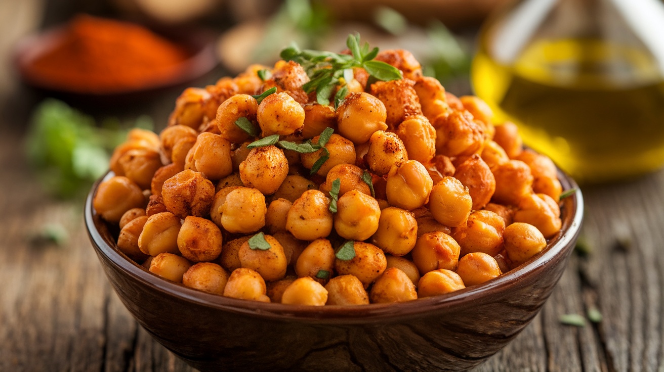 A close-up of crispy roasted chickpeas in a bowl, seasoned with spices, on a wooden table.