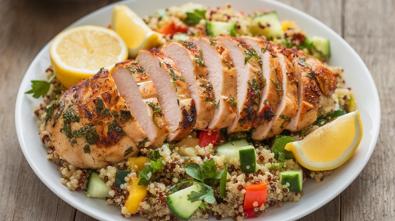 Grilled lemon herb chicken with quinoa salad, garnished with lemon wedges and colorful vegetables.