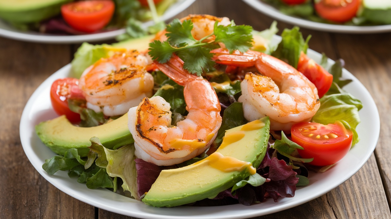 A colorful grilled shrimp salad with mixed greens, cherry tomatoes, avocado, and citrus dressing on a wooden table.