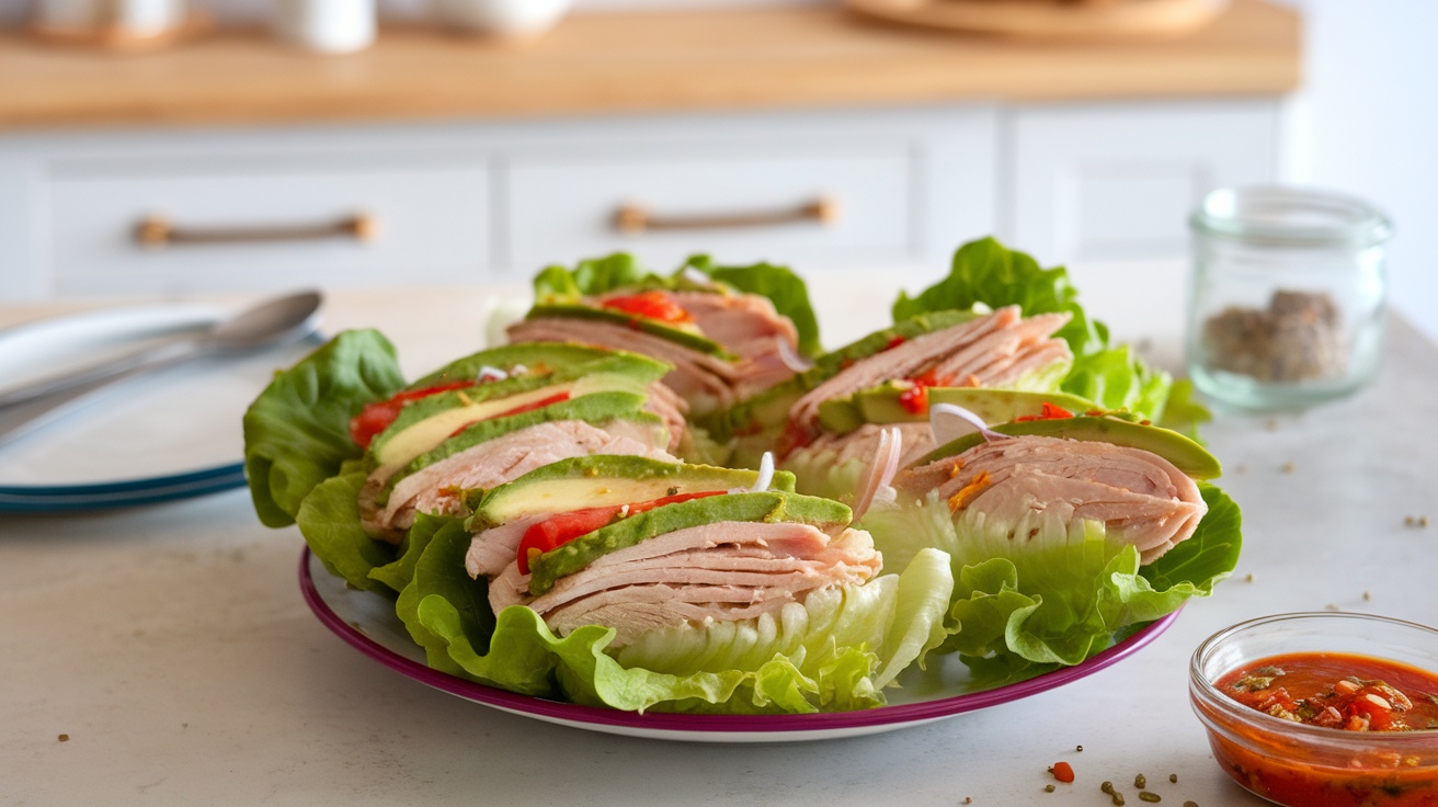 Turkey and avocado lettuce wraps served on a plate with fresh vegetables and spicy sauce.