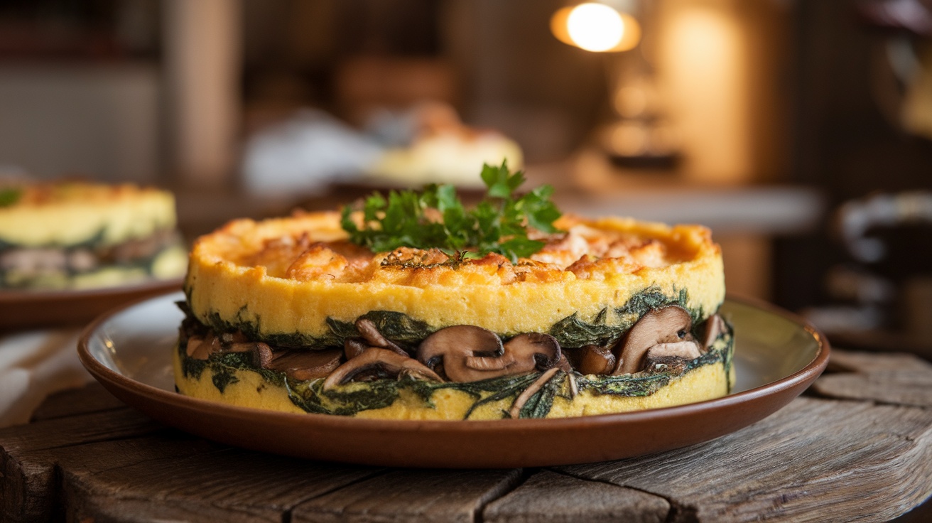 A savory Mushroom and Spinach Polenta Bake, golden and bubbling, garnished with parsley on a rustic table.