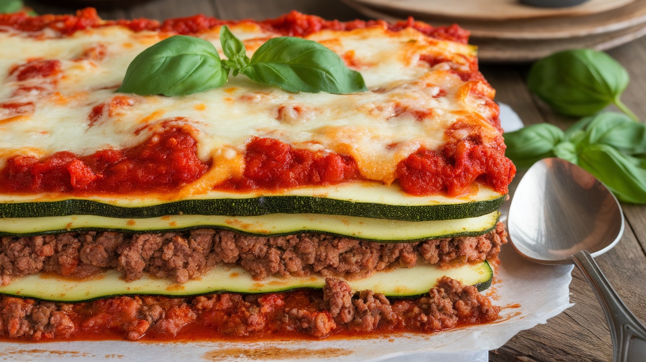 A delicious serving of zucchini lasagna with ground beef and cheese, garnished with basil.