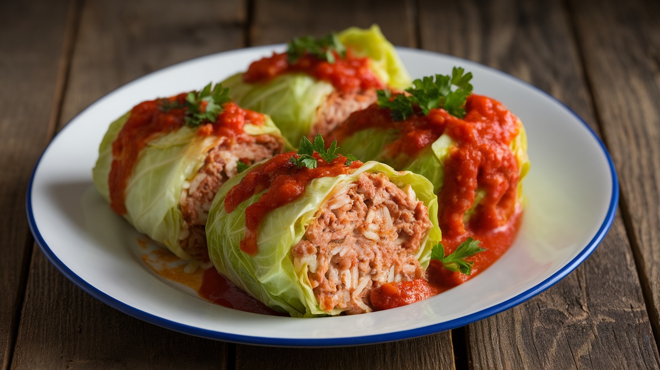 Stuffed cabbage rolls with ground turkey and rice in tomato sauce, garnished with parsley on a rustic plate.