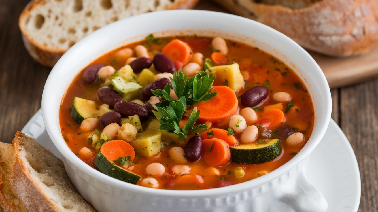 A bowl of hearty Vegan Minestrone Soup with colorful vegetables, pasta, and beans, garnished with parsley on a rustic table.