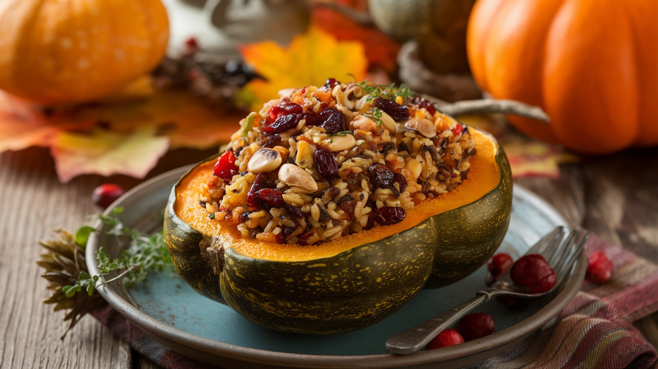 Stuffed acorn squash with wild rice, cranberries, and nuts, garnished with herbs on a wooden table.