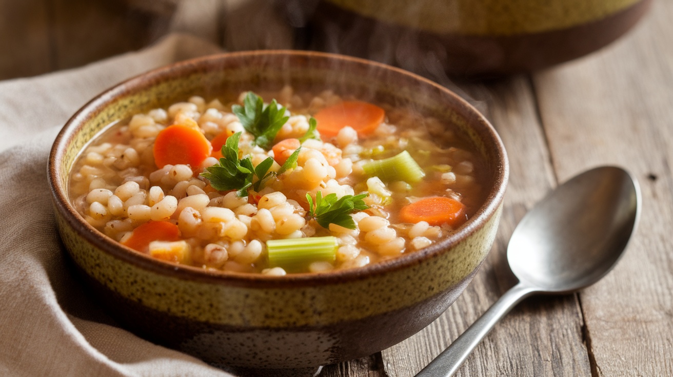 A cozy bowl of barley soup with vegetables, garnished with parsley, on a rustic wooden table.