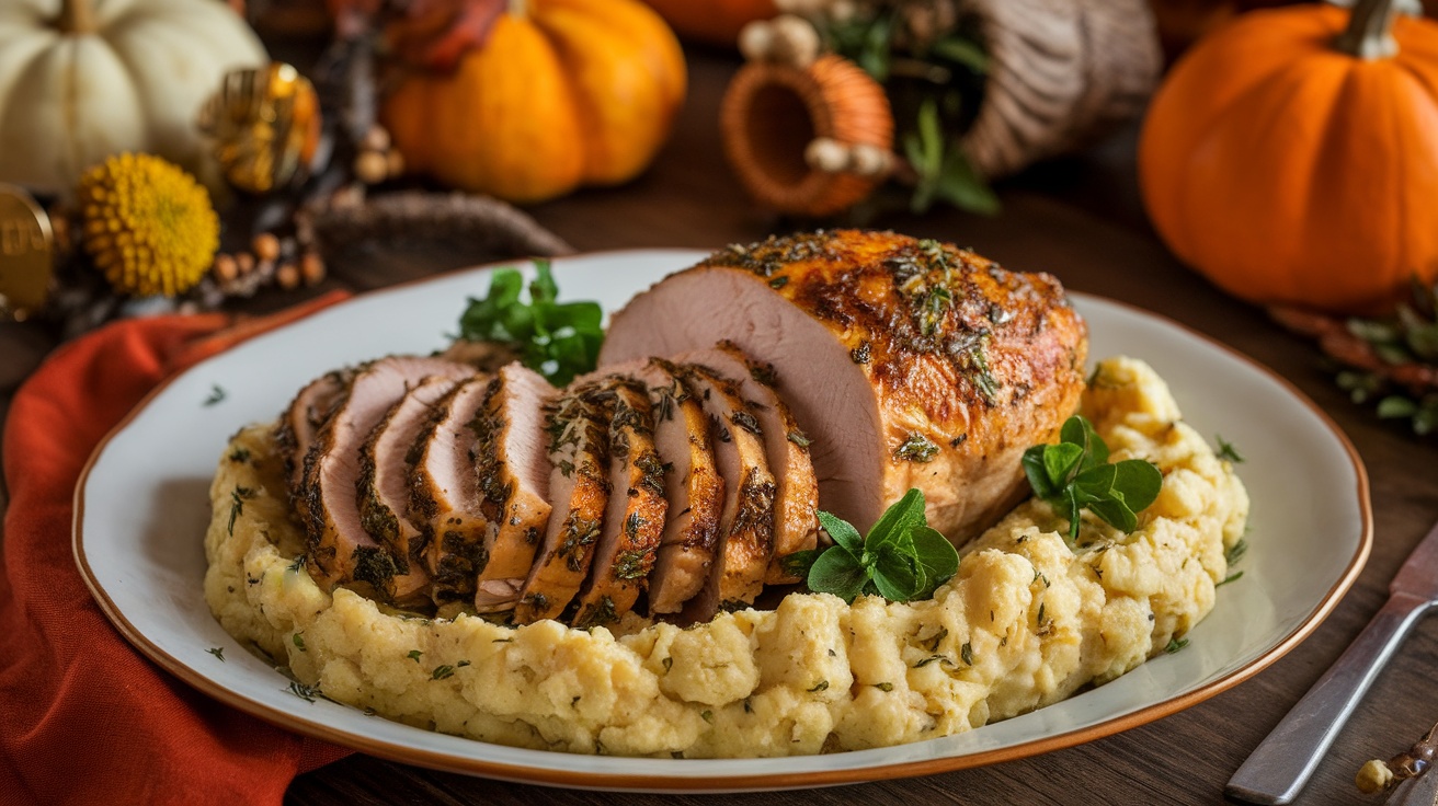 Sliced herb-roasted turkey breast with creamy mashed cauliflower, garnished with herbs, on a rustic table.