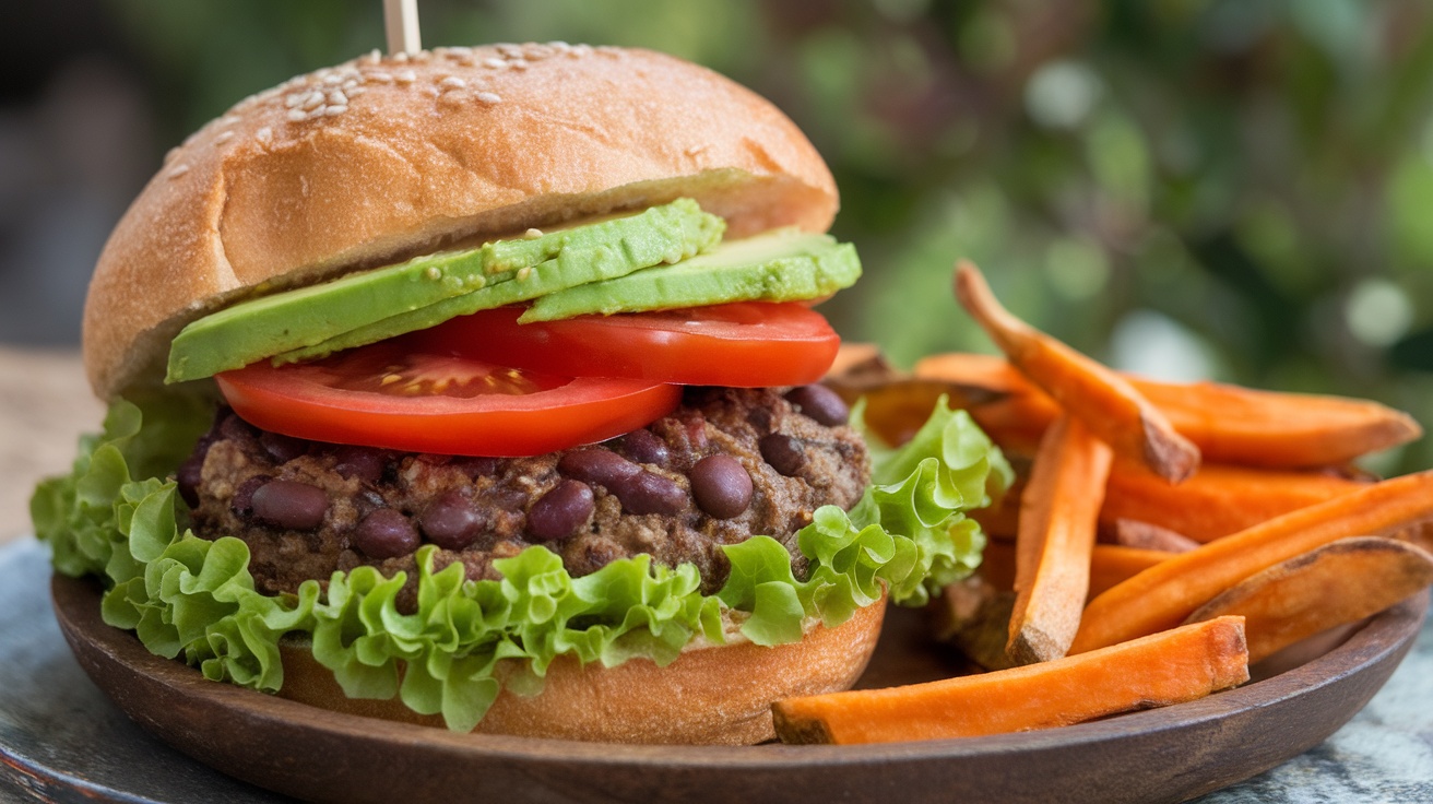 Savory black bean vegan burger with lettuce, tomato, and avocado on a rustic plate with sweet potato fries.