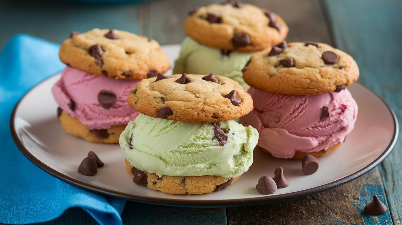 Chocolate chip ice cream sandwiches on a plate, with ice cream between two chewy cookies.