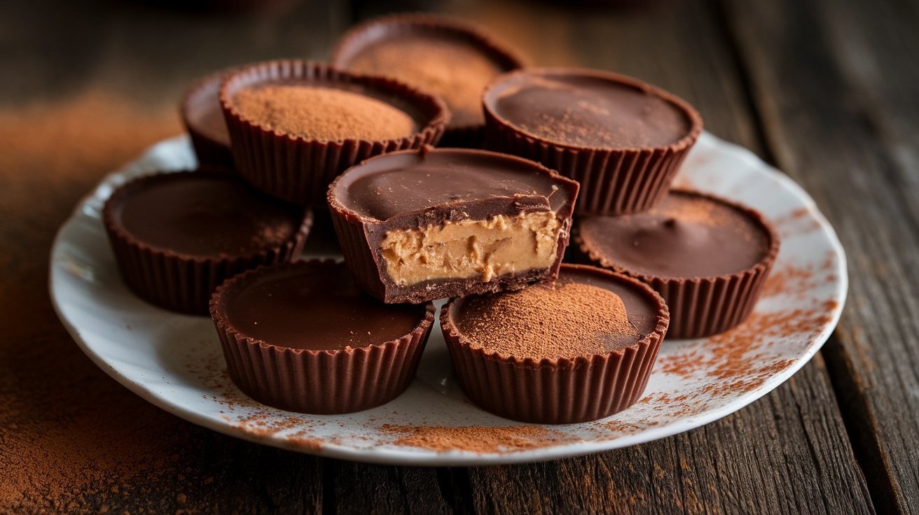 Delicious homemade Chocolate Peanut Butter Cups filled with creamy peanut butter, set on a rustic table.