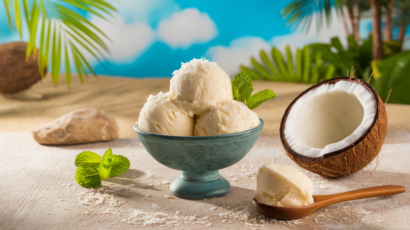 A bowl of coconut vegan ice cream topped with shredded coconut and mint leaves, with a scoop on a spoon and a coconut half in the background.