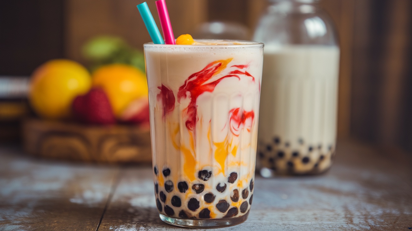 A glass of vegan bubble tea with tapioca pearls and fruit puree, featuring a colorful straw on a rustic table.