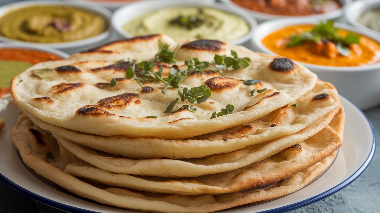 Freshly made vegan naan bread on a plate, garnished with herbs, served with colorful dips and curries.