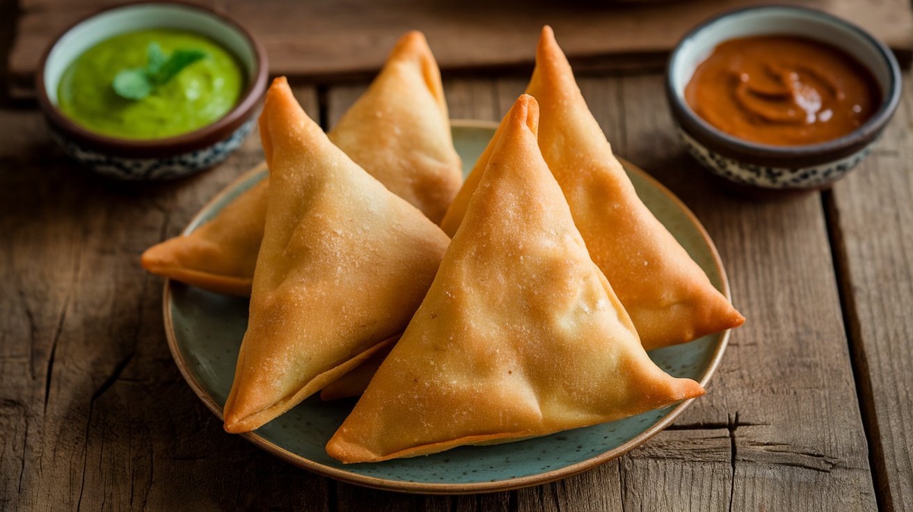 Golden-brown vegan samosas served with mint and tamarind chutney on a rustic table.