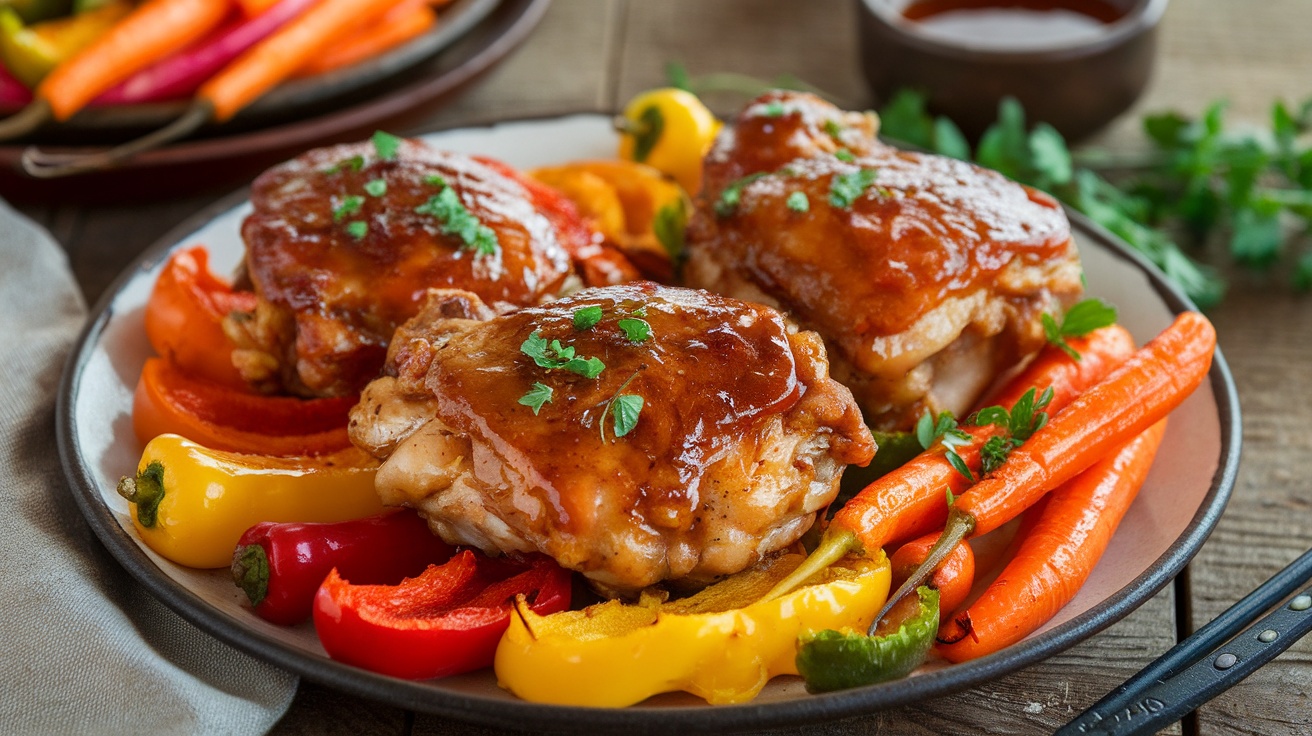 Honey garlic chicken thighs with roasted vegetables on a rustic wooden table.