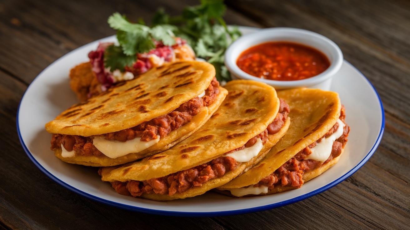 Delicious vegan pupusas with refried beans and cheese, served with curtido and salsa roja on a wooden table.