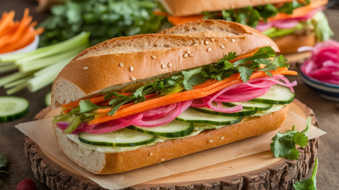 A delicious Vegan Banh Mi Sandwich filled with pickled vegetables, tofu, and fresh herbs on a wooden board.