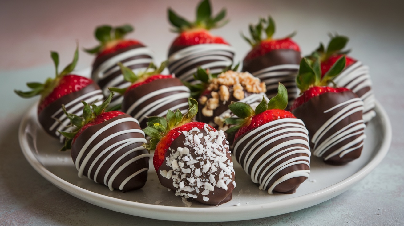 A plate of vegan chocolate covered strawberries, some with nuts and others with coconut, on a soft background.