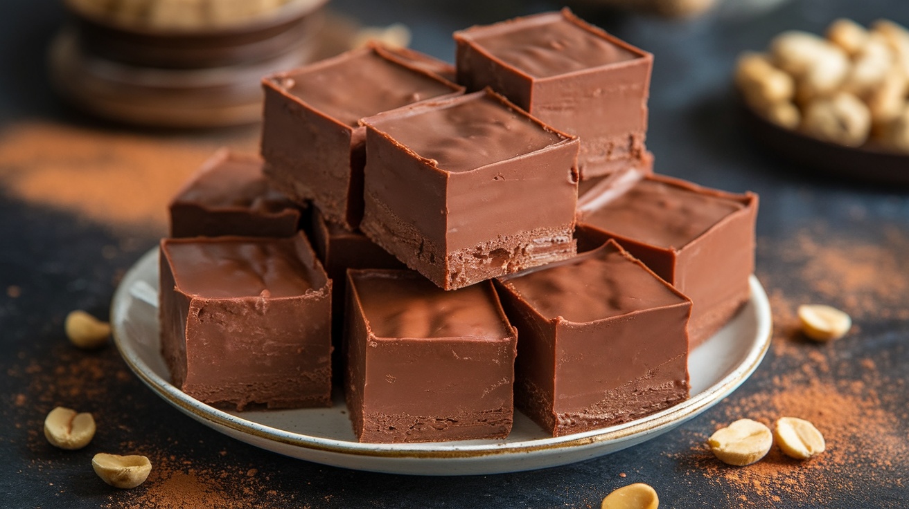 Rich chocolate peanut butter fudge squares on a plate, with cocoa powder and peanuts in the background.