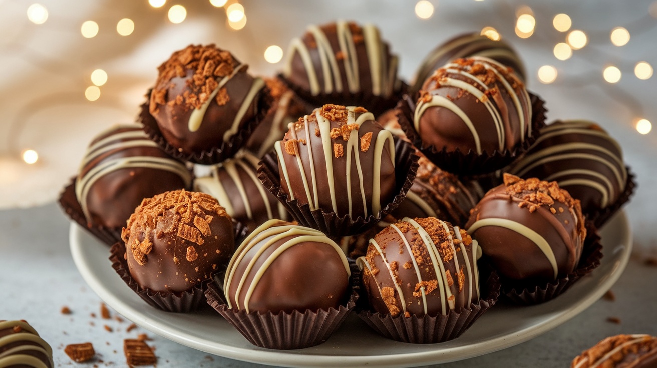 A beautiful plate of chocolate-covered Biscoff truffles dusted with cocoa powder, showcasing their rich, indulgent appearance.