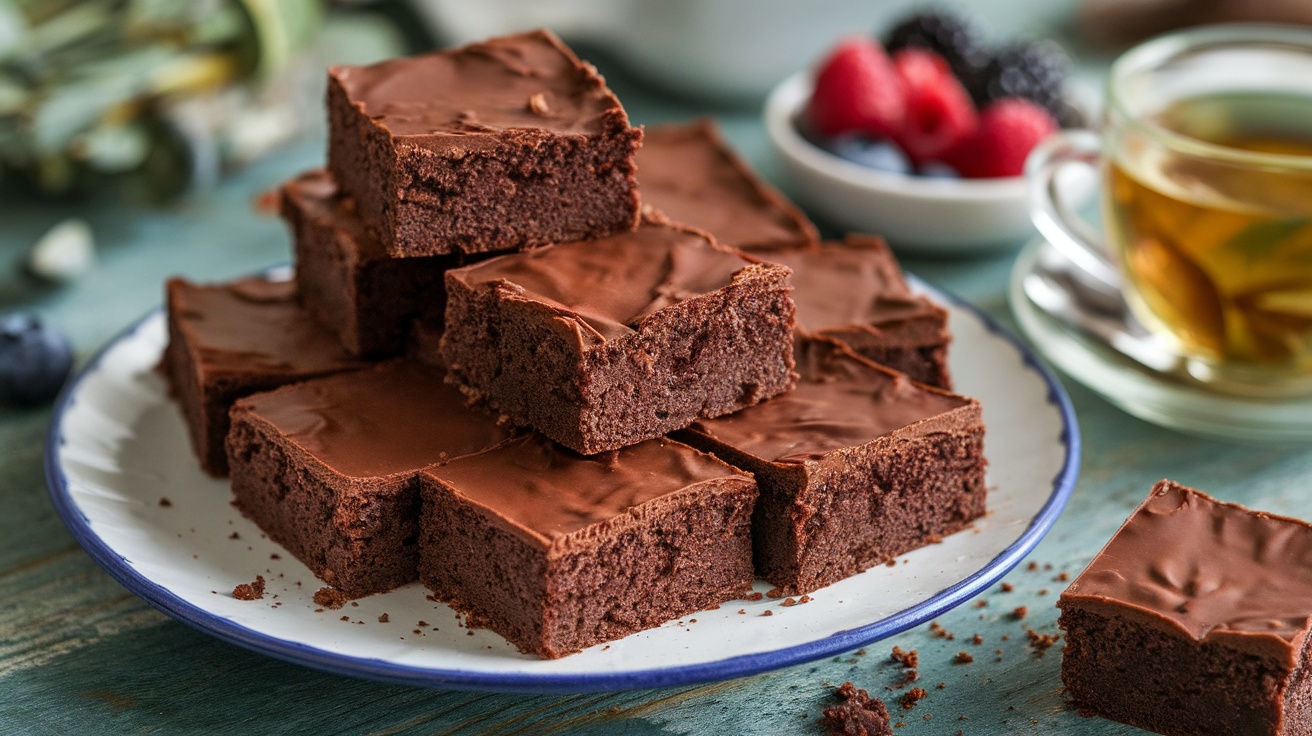 Fudgy vegan brownies on a plate, cut into squares, surrounded by fresh berries and tea.