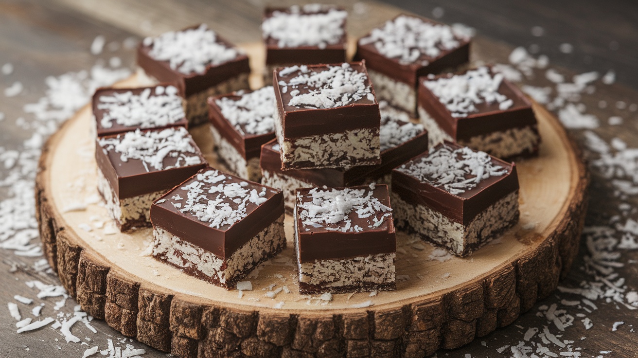 Vegan chocolate coconut bars displayed on a wooden platter, showcasing glossy chocolate and coconut topping.