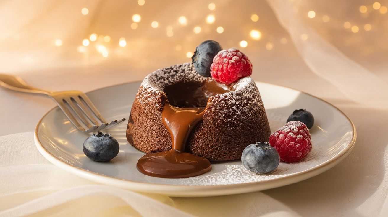 Vegan chocolate lava cake with molten center, garnished with berries and powdered sugar, on a white plate.