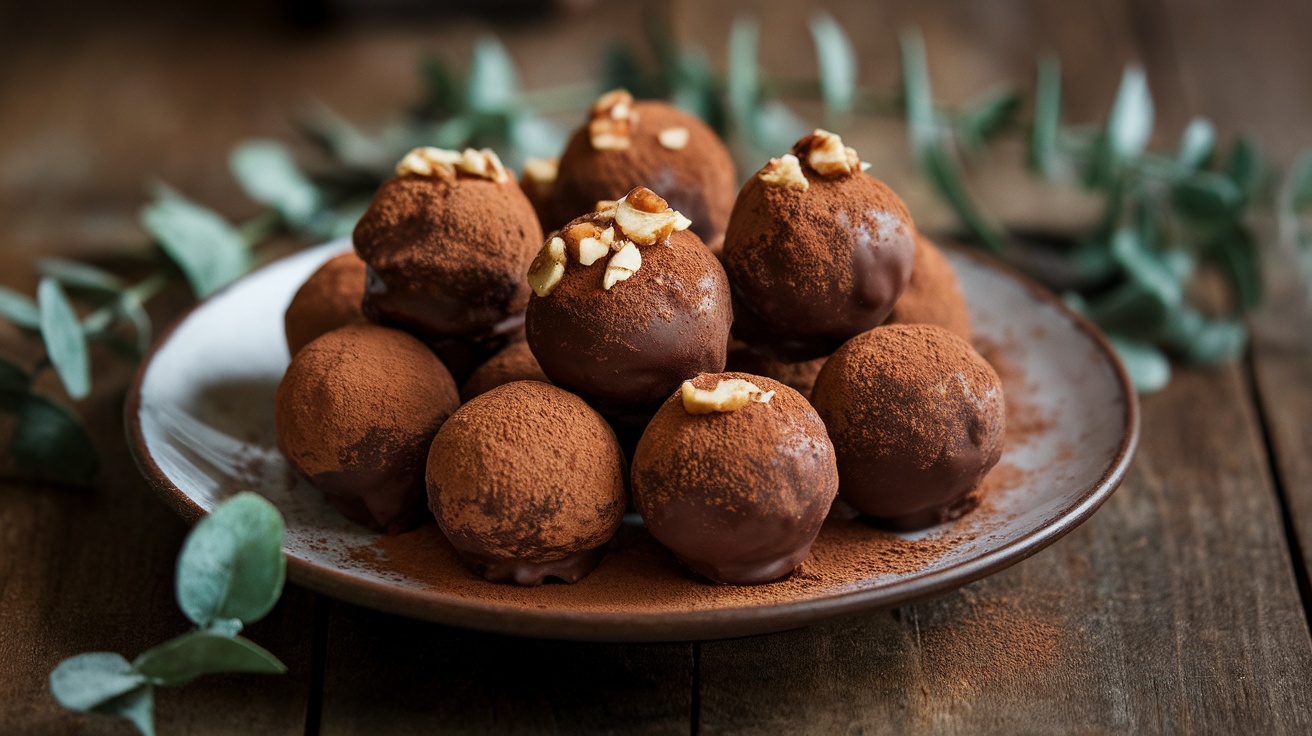 A close-up of vegan chocolate truffles on a plate, coated in cocoa and nuts, set against a rustic wooden background.