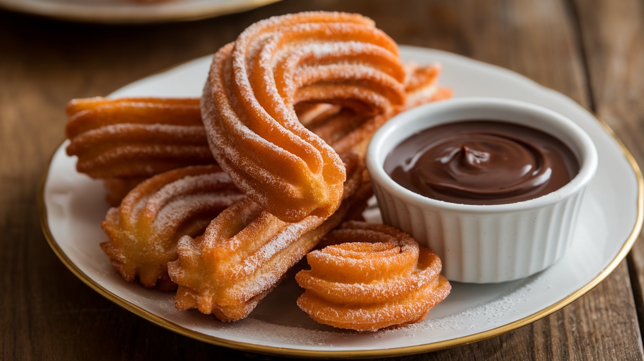 Golden-brown vegan churros with a bowl of chocolate dipping sauce on a rustic wooden table.