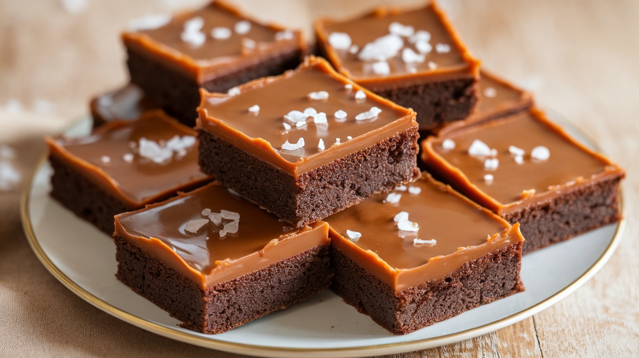 Vegan salted caramel brownies topped with caramel and sea salt on a rustic wooden table.