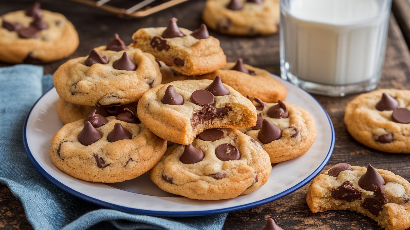 A plate of vegan chocolate chip cookies with chocolate chips melting, served with a glass of almond milk.