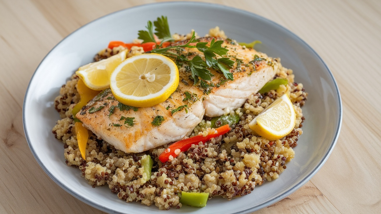 Lemon herb tilapia served on quinoa pilaf with bell peppers and parsley garnish.