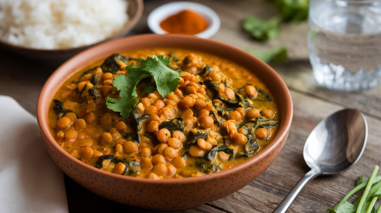 A colorful bowl of lentil and spinach curry with cilantro on top and rice on the side, set on a rustic wooden table.