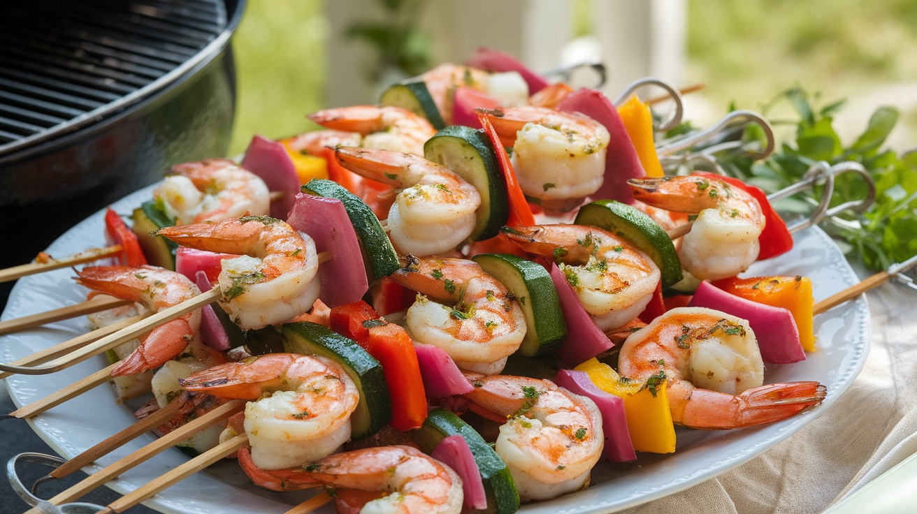 Grilled shrimp and vegetable skewers with garlic butter on a plate, featuring colorful bell peppers, zucchini, and red onion, ready to be served.