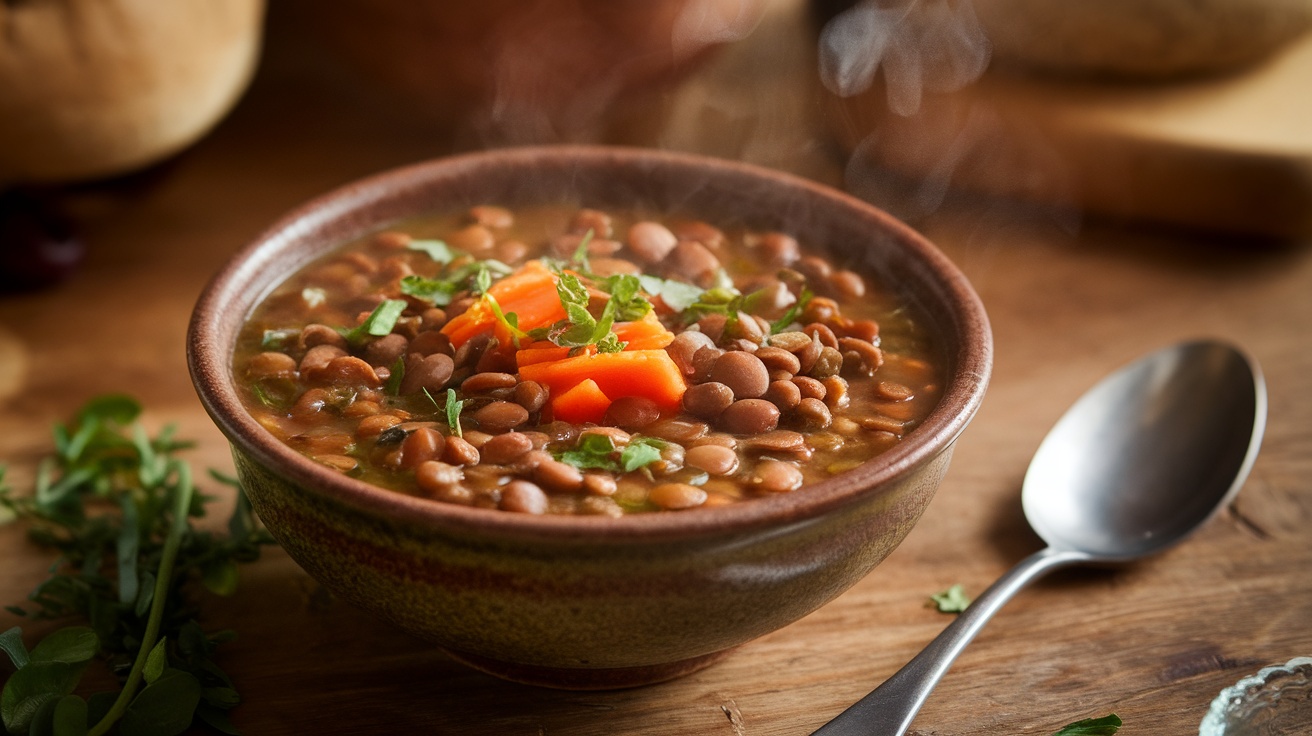 A cozy bowl of vegan lentil soup filled with brown lentils, diced carrots, and topped with fresh parsley, on a wooden table.