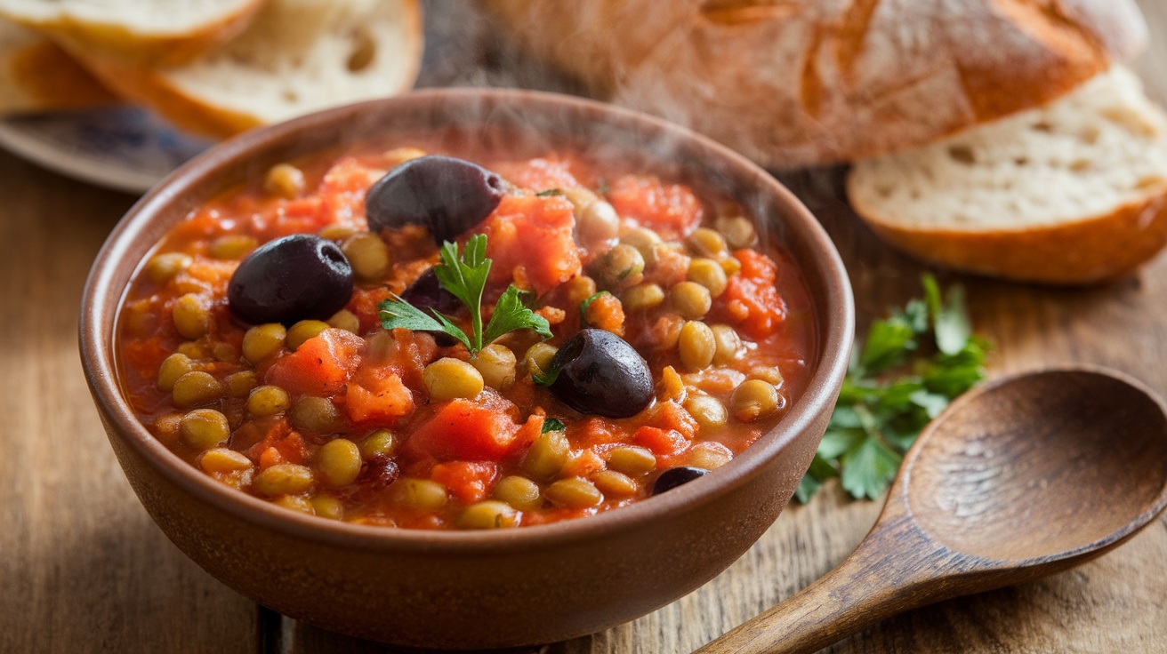 A warm bowl of Mediterranean Lentil Stew with vibrant tomatoes and olives, garnished with parsley, on a rustic table with bread.