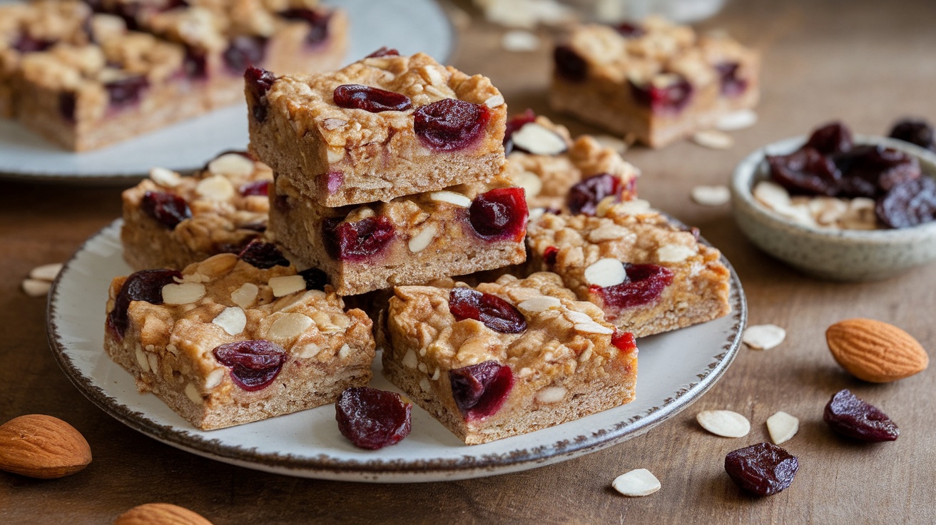 Vegan Cherry Almond Oat Bars cut into squares on a rustic wooden plate, surrounded by cherries and almonds.