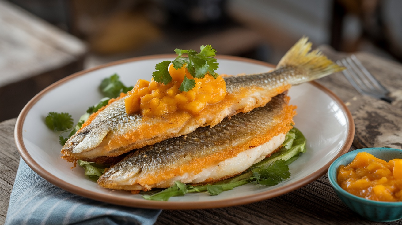 Pan-fried tilapia fillets topped with mango chutney, garnished with cilantro, on a rustic wooden table.