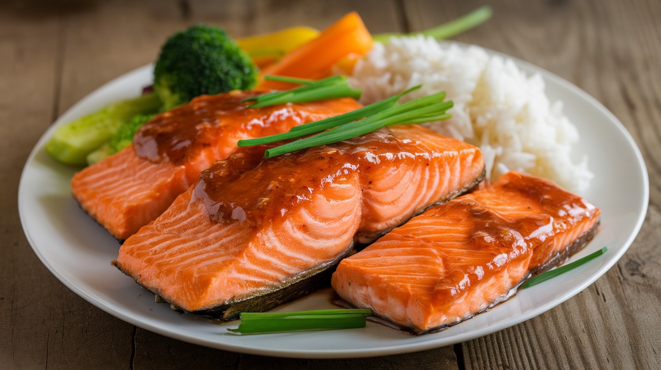 Broiled salmon fillets with honey Sriracha glaze, garnished with green onions, served with rice and vegetables on a rustic table.