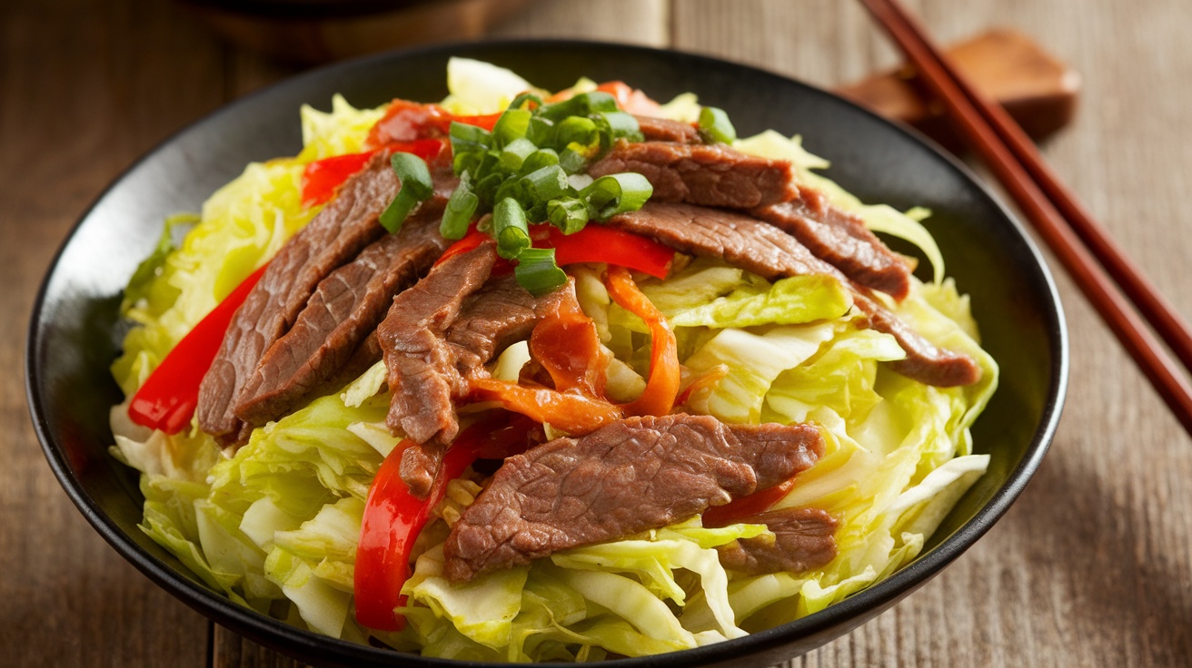 A colorful bowl of Beef and Cabbage Stir-Fry with beef, cabbage, and bell pepper, garnished with green onions.