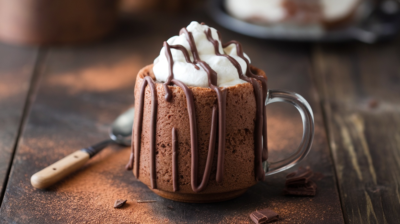 A decadent Nutella mug cake topped with whipped cream and chocolate drizzle in a rustic setting.