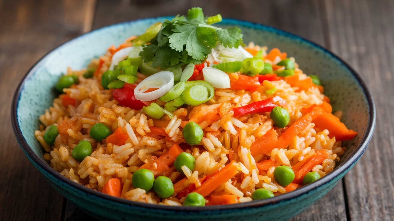 A bowl of colorful vegan fried rice with mixed vegetables and green onions on a wooden table.