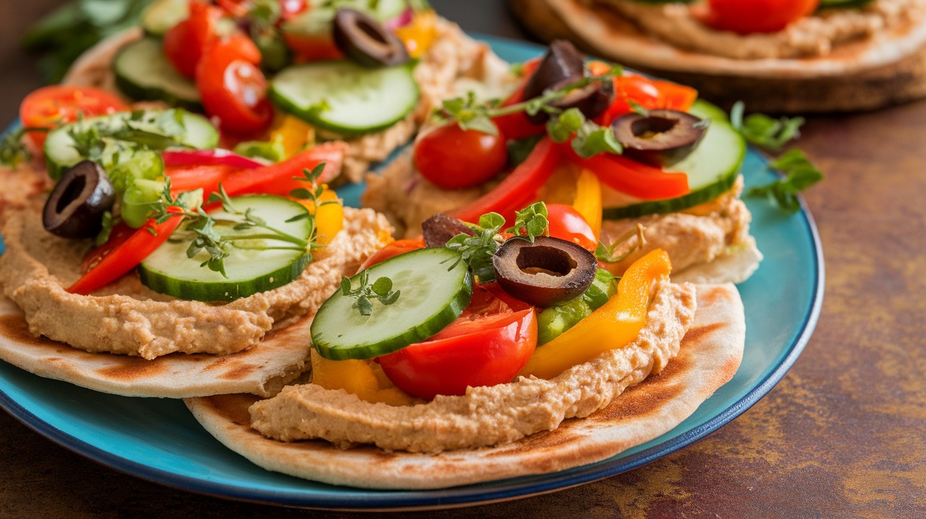 Vegan pita pizzas topped with hummus, tomatoes, cucumbers, and olives on a wooden table.