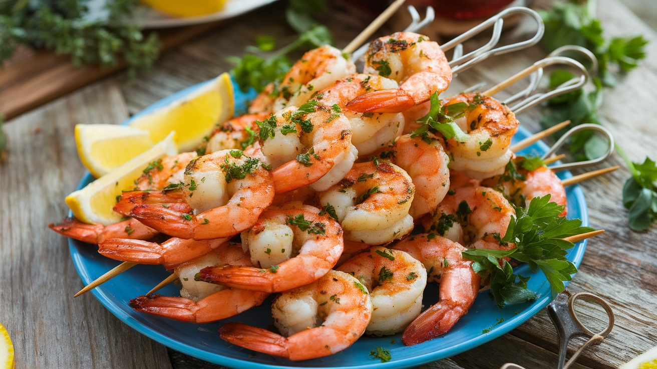 Grilled shrimp skewers with roasted garlic and lemon, garnished with parsley and lemon wedges on a rustic table.